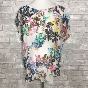 CAbi floral key hole tie blouse
